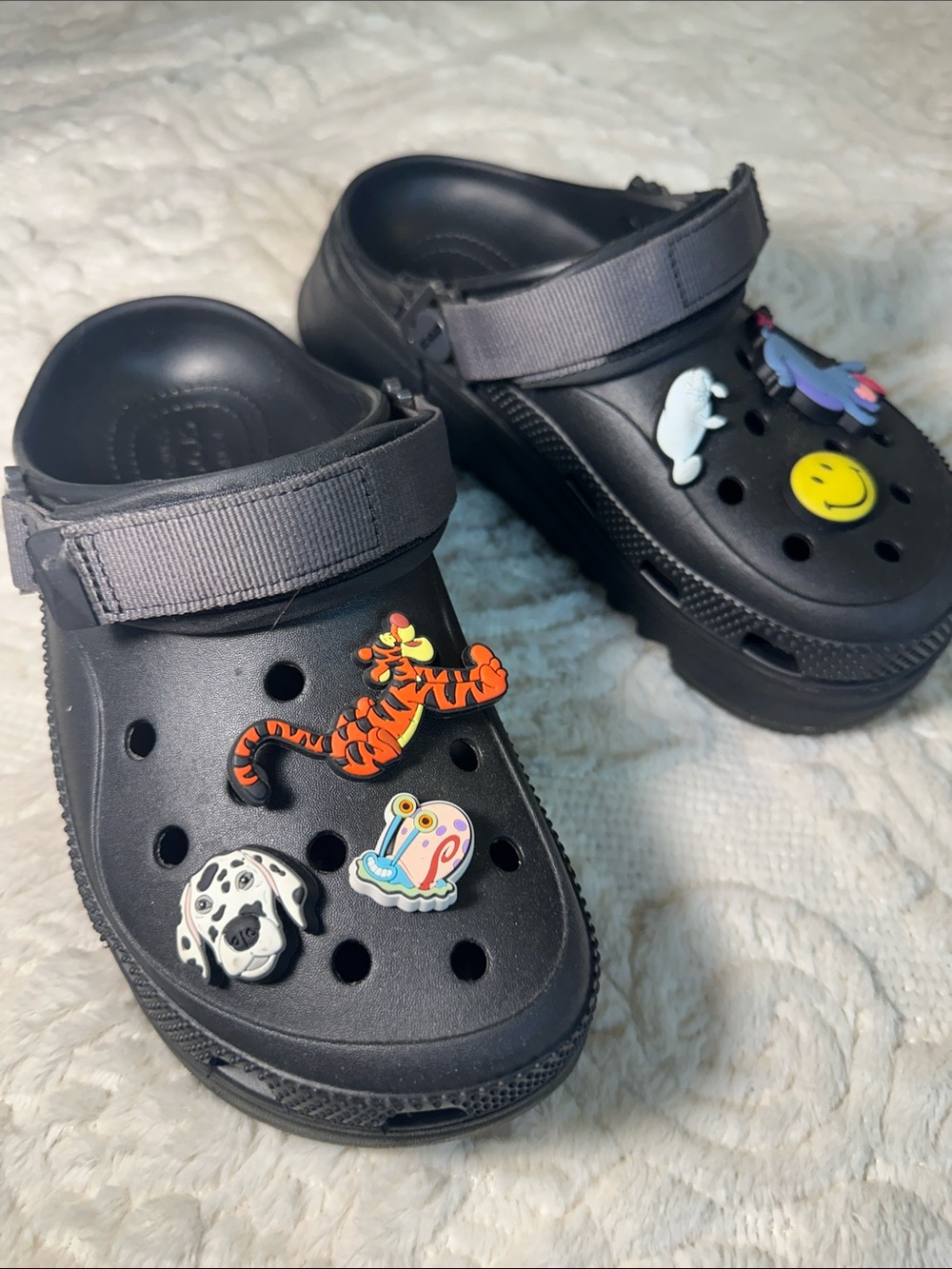CROCS platform iconic comfort hiker Black Clogs with Disney Character Jibbitz